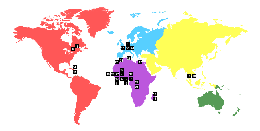 Carte du monde, avec les 5 continents et les emplacements des différents membres du réseau.
